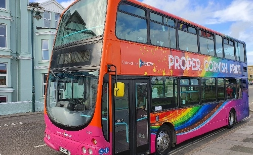 Cornwall Pride Bus on tour raising awareness of LGBTQ+ communities in Cornwall